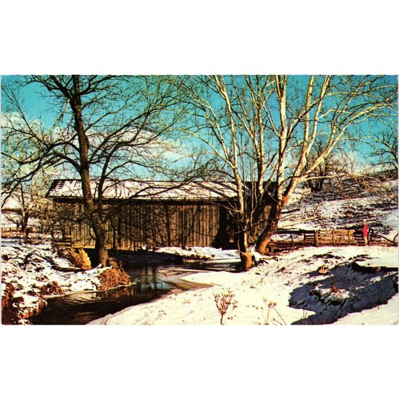Snow Covered Bridge Postcard Noble County Ohio Beaver Creek Seneco Lake Vintage - Picture 1 of 2